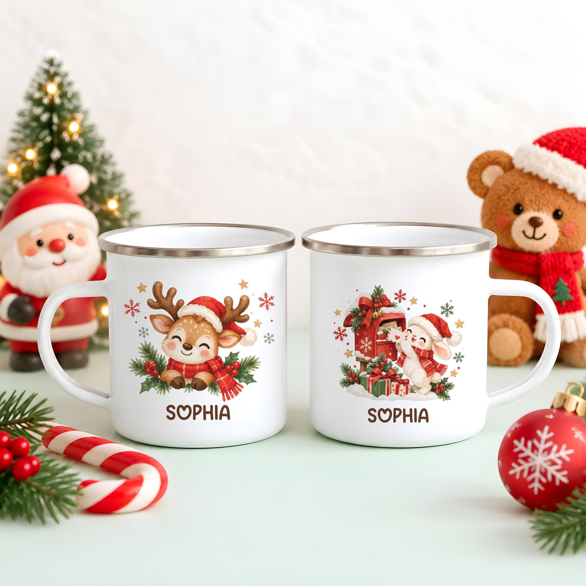Personalized Holiday Cocoa Mug, Cute Winter Animal Enamel Campfire Cup, Custom Name Christmas Gift, Toddler Girl Boy Kids Stocking Stuffer