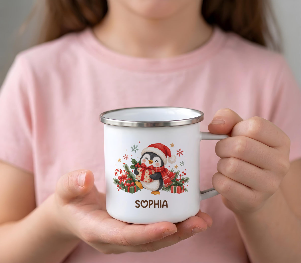 Personalized Holiday Cocoa Mug, Cute Winter Animal Enamel Campfire Cup, Custom Name Christmas Gift, Toddler Girl Boy Kids Stocking Stuffer