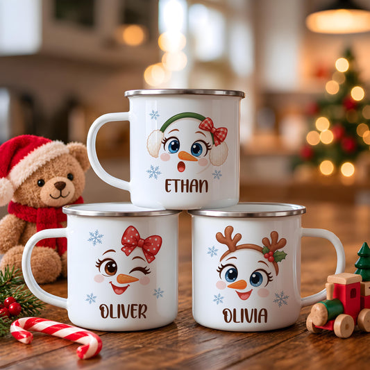 Custom Name Snowman Bow Reindeer Antlers Mug, Cute Christmas Enamel Campfire Cup, Personalized Holiday Cocoa Drinkware, Grandchild Xmas Gift