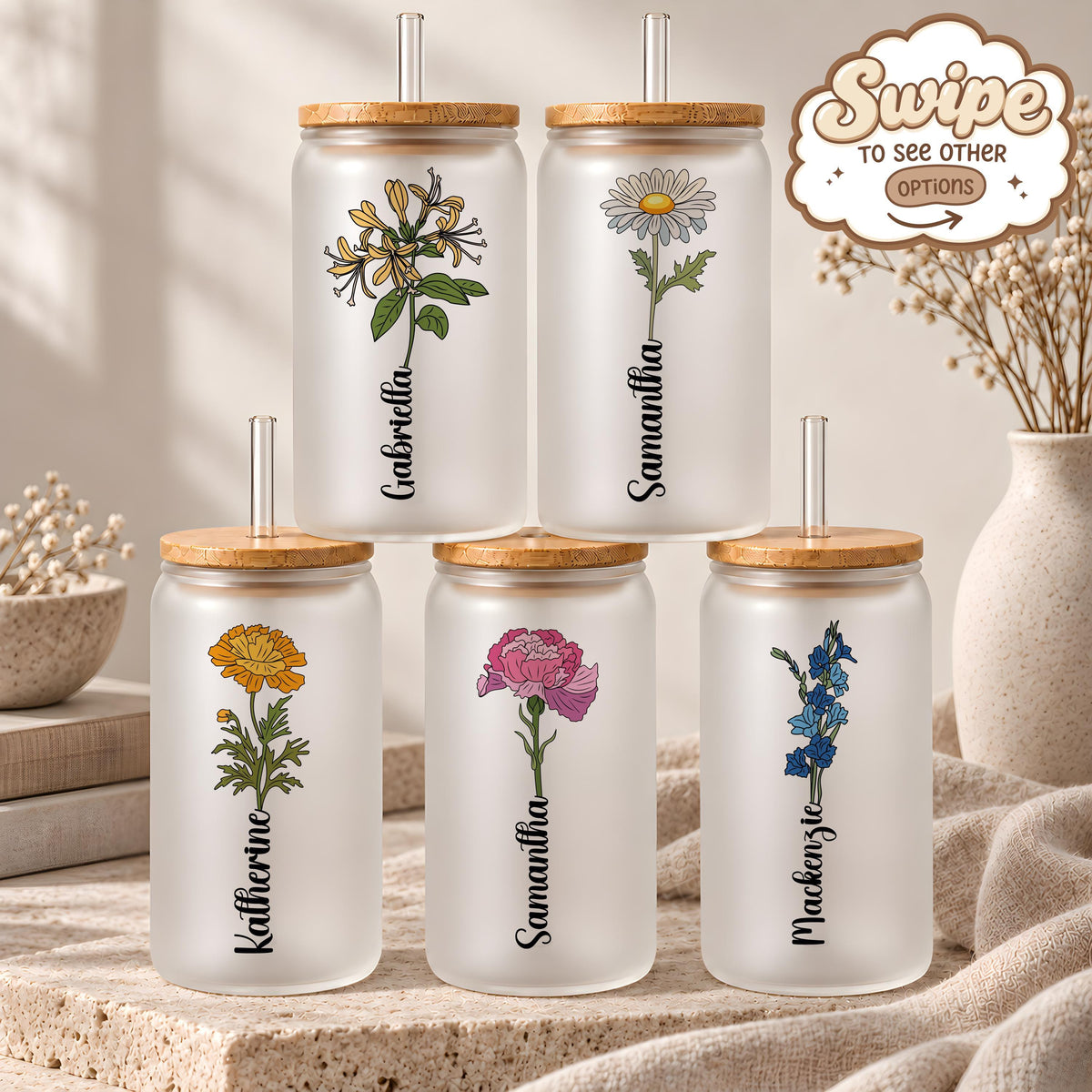 Custom Name Floral Frosted Glass Cup, Cottage Core Birth Flower Can Tumbler with Straw, Personalized Spring Floral Birthday Gift For Her