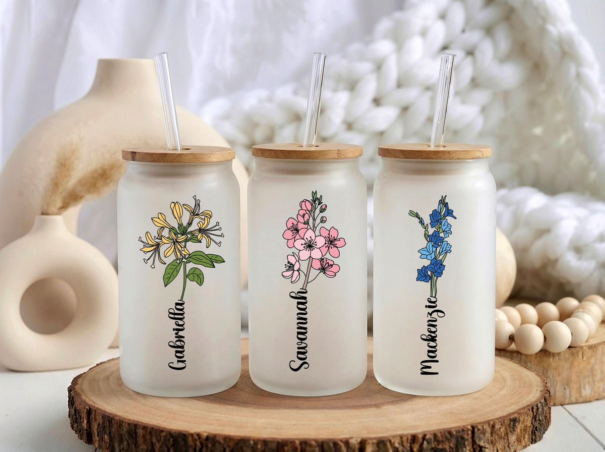 Custom Name Floral Frosted Glass Cup, Cottage Core Birth Flower Can Tumbler with Straw, Personalized Spring Floral Birthday Gift For Her