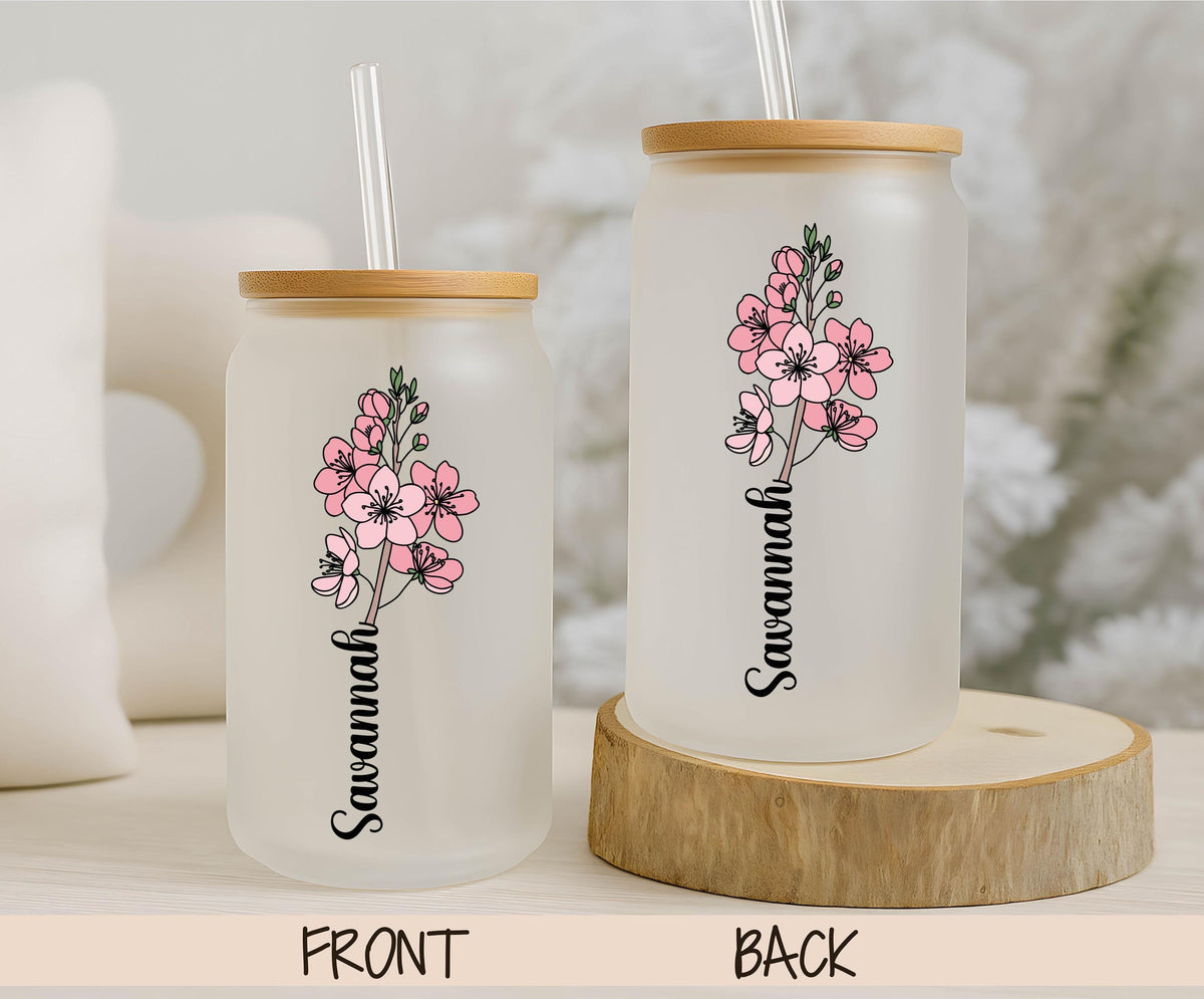 Custom Name Floral Frosted Glass Cup, Cottage Core Birth Flower Can Tumbler with Straw, Personalized Spring Floral Birthday Gift For Her