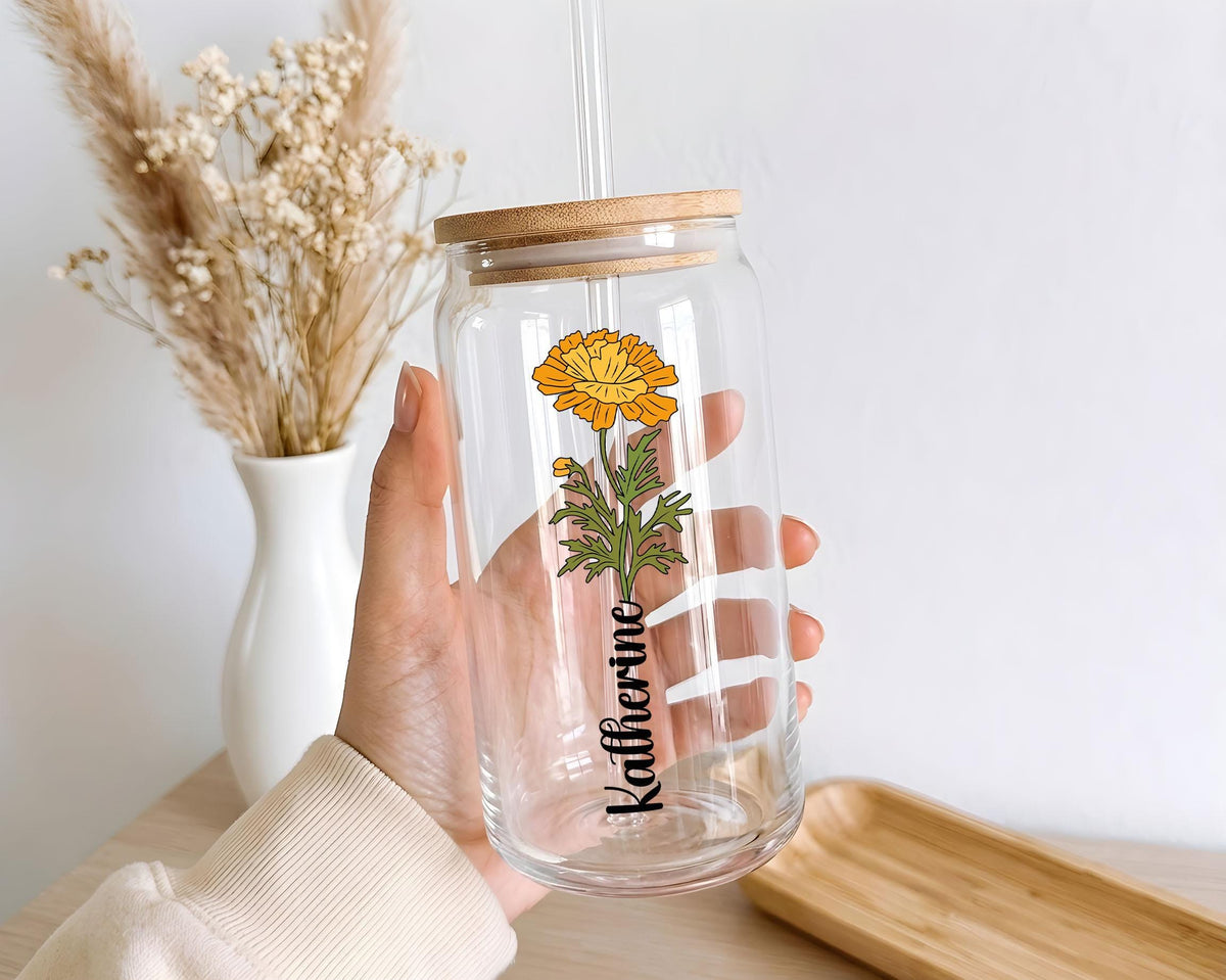 Custom Name Floral Frosted Glass Cup, Cottage Core Birth Flower Can Tumbler with Straw, Personalized Spring Floral Birthday Gift For Her