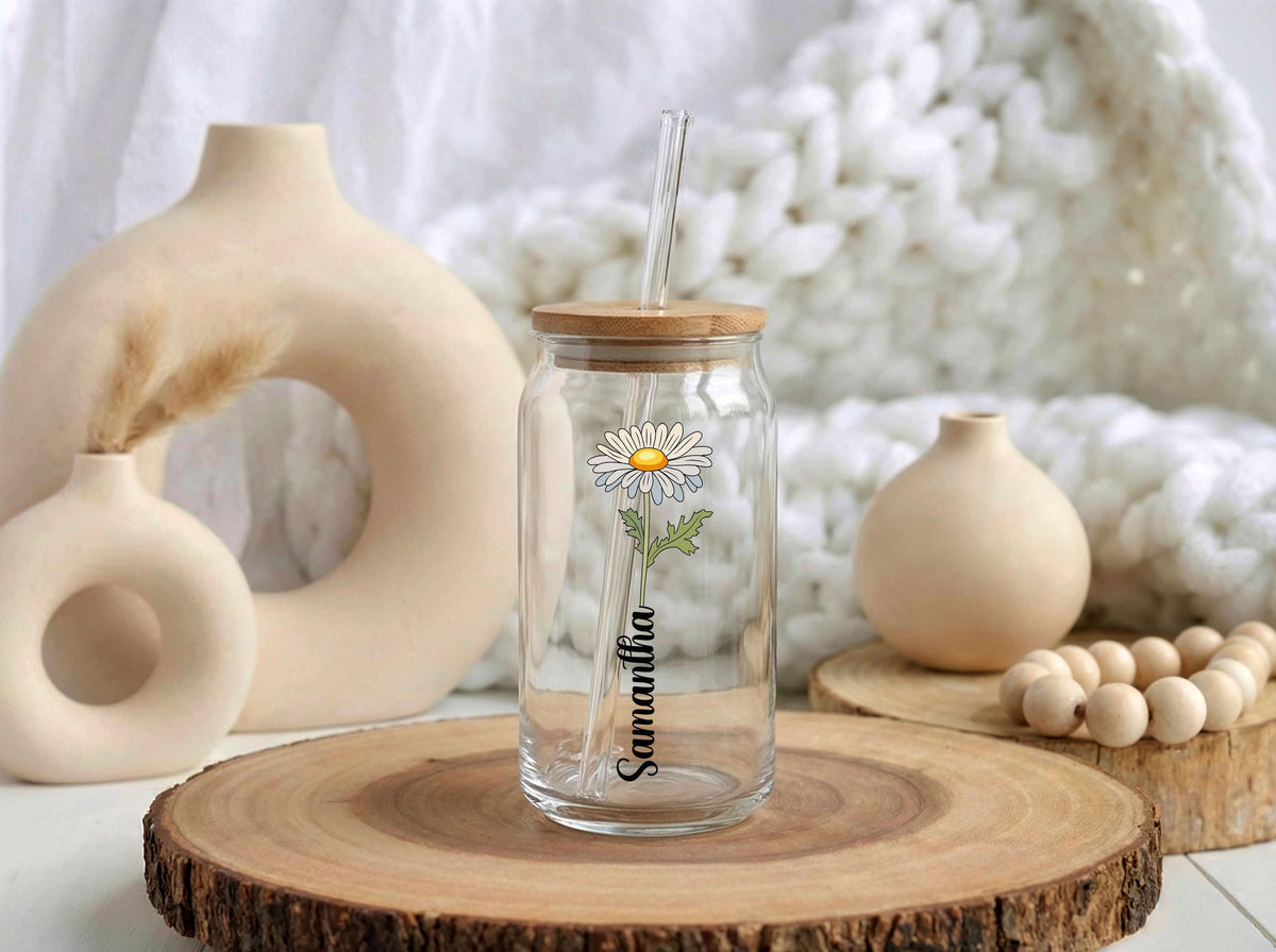 Custom Name Floral Frosted Glass Cup, Cottage Core Birth Flower Can Tumbler with Straw, Personalized Spring Floral Birthday Gift For Her
