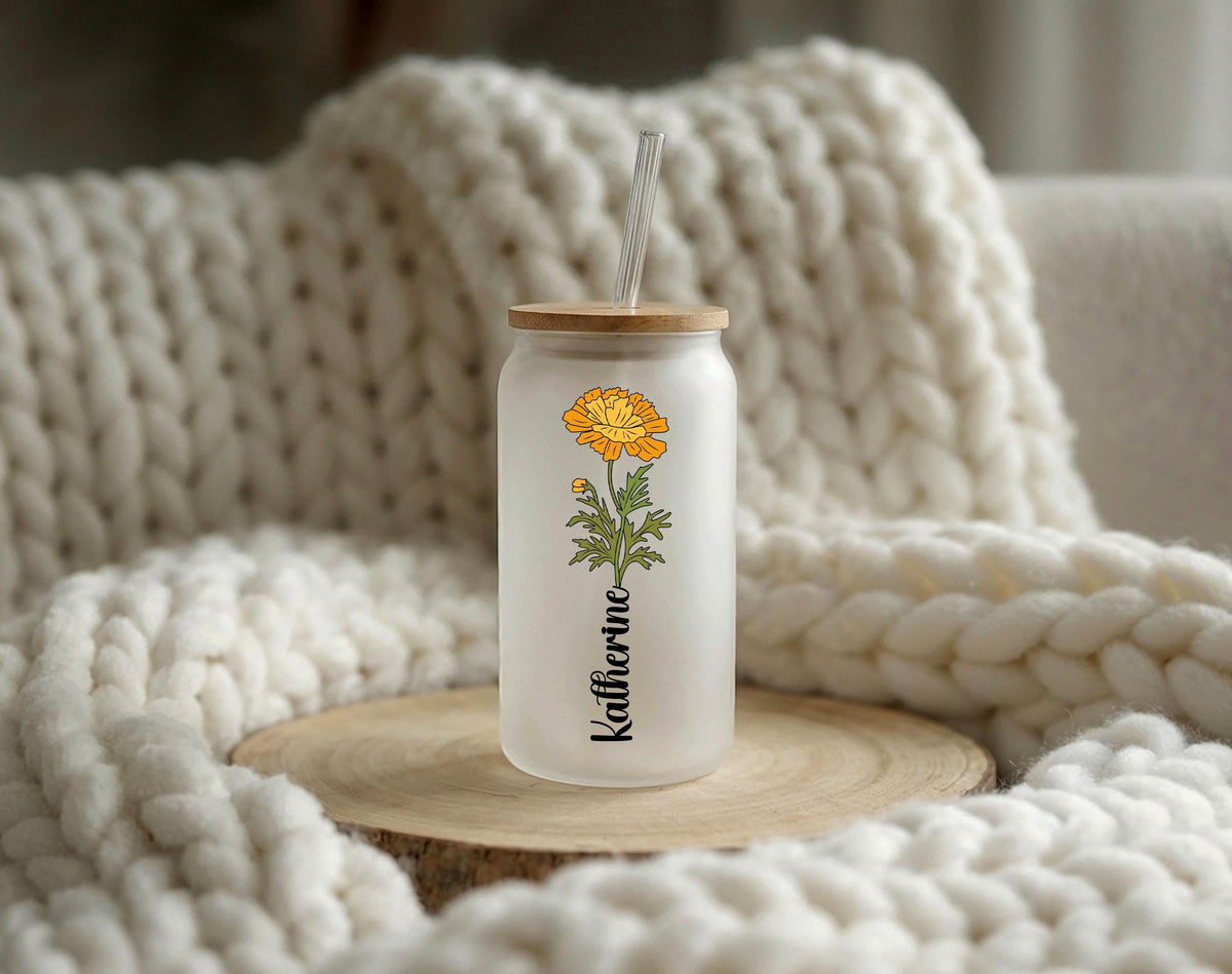 Custom Name Floral Frosted Glass Cup, Cottage Core Birth Flower Can Tumbler with Straw, Personalized Spring Floral Birthday Gift For Her
