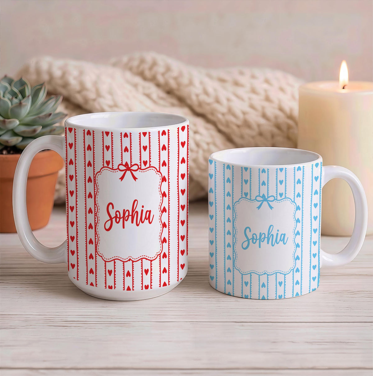 Personalized Coquette Aesthetic Coffee Cup, Custom Name Colorful Accent Mug, Heart Pattern Ceramic Drinkware Gift, Mother Sister Present