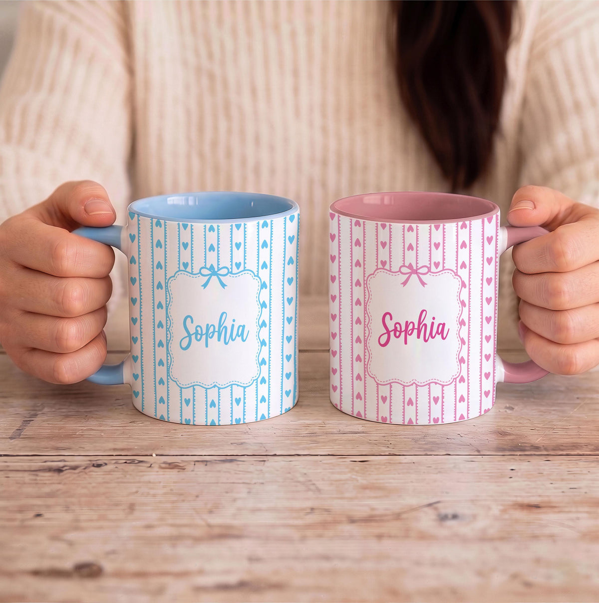 Personalized Coquette Aesthetic Coffee Cup, Custom Name Colorful Accent Mug, Heart Pattern Ceramic Drinkware Gift, Mother Sister Present