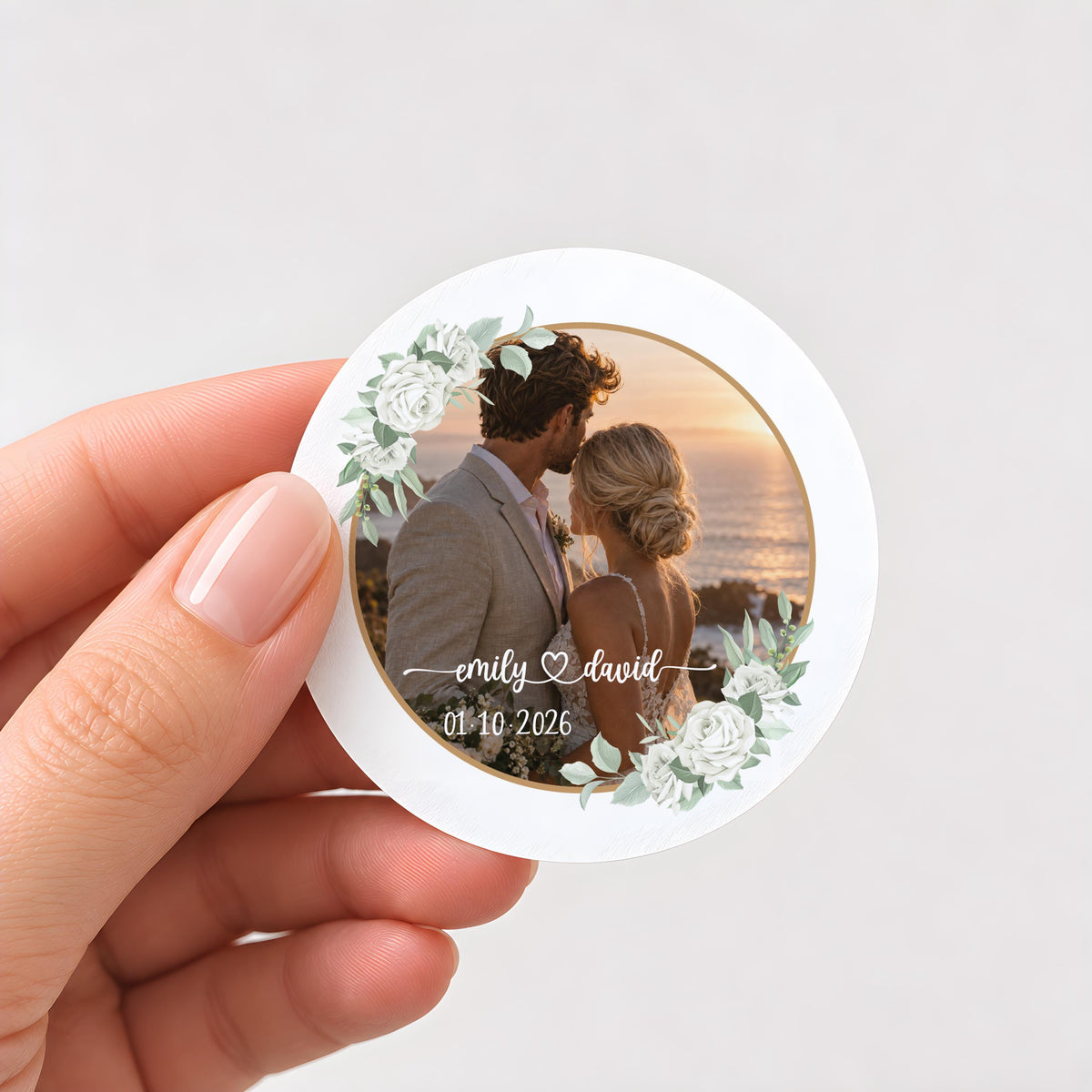 Custom Photo Wedding Sticker, Personalized Engagement Label, Floral Couple Bridal Shower Favor, Wedding Thank You Seal