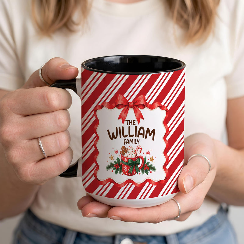 Personalized Family Christmas Mug, Custom Hot Cocoa Cup, Candy Cane Striped Coffee Mug, Holiday Family Gift