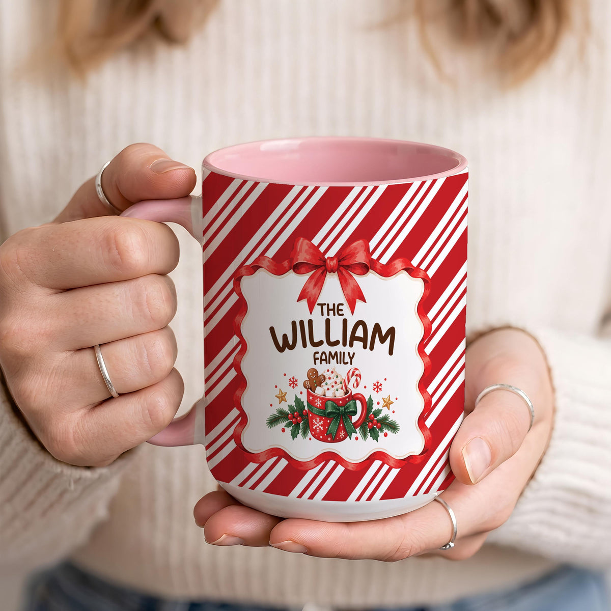 Personalized Family Christmas Mug, Custom Hot Cocoa Cup, Candy Cane Striped Coffee Mug, Holiday Family Gift