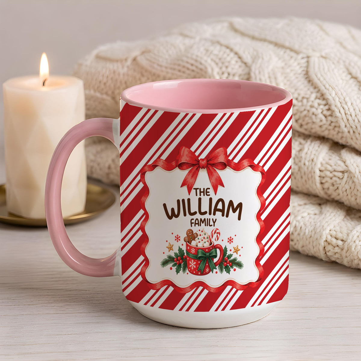 Personalized Family Christmas Mug, Custom Hot Cocoa Cup, Candy Cane Striped Coffee Mug, Holiday Family Gift