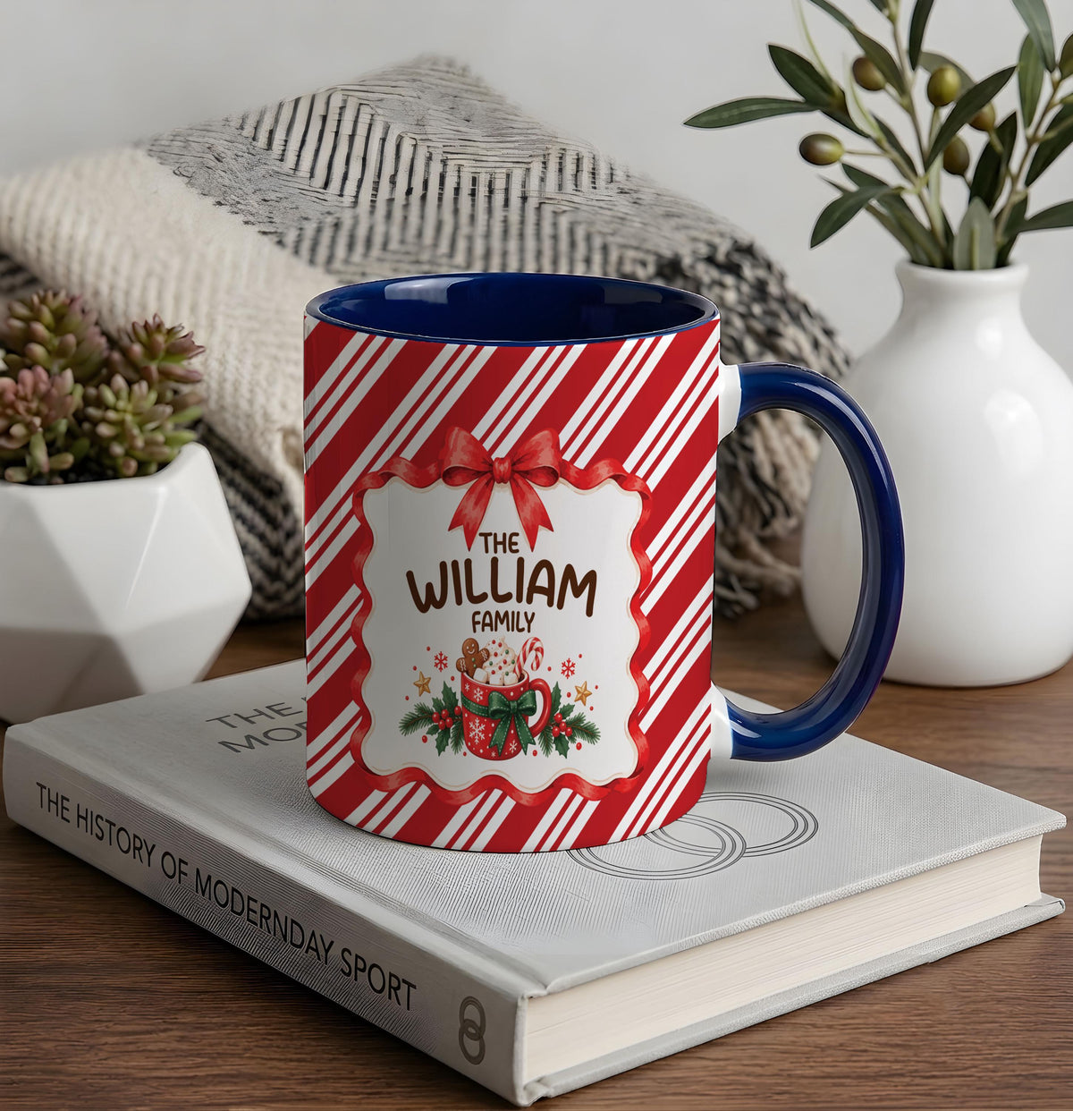 Personalized Family Christmas Mug, Custom Hot Cocoa Cup, Candy Cane Striped Coffee Mug, Holiday Family Gift