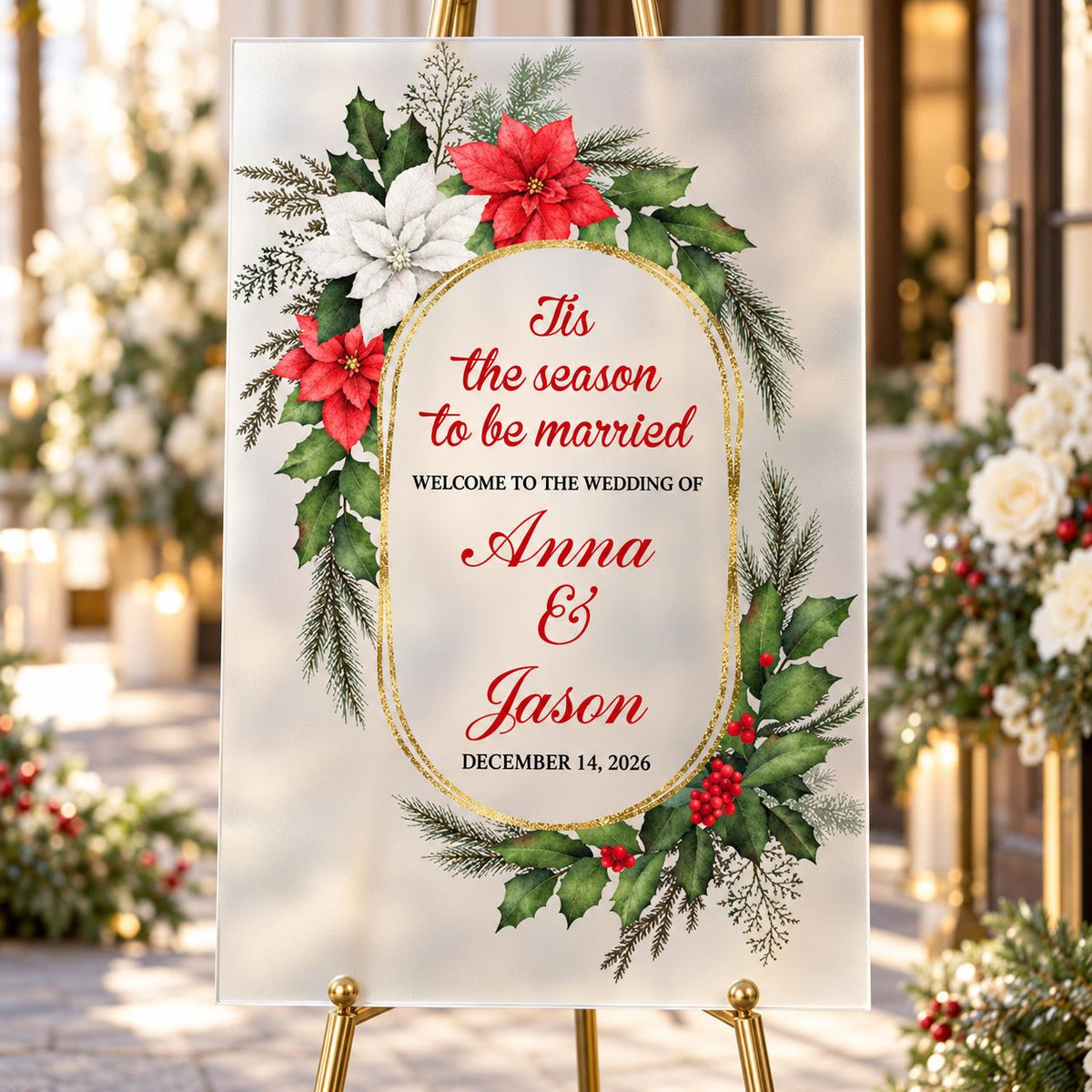 Tis the Season to Be Married Welcome Sign with Gold Oval Holly Frame, Christmas Wedding Acrylic Sign
