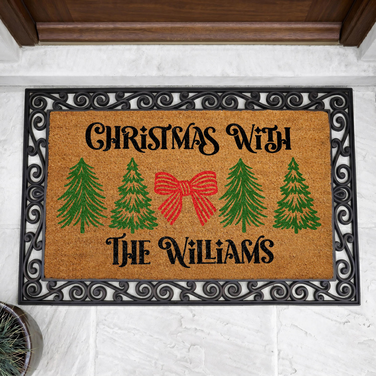 Personalized Christmas Family Doormat, Christmas Tree Winter Welcome Mat