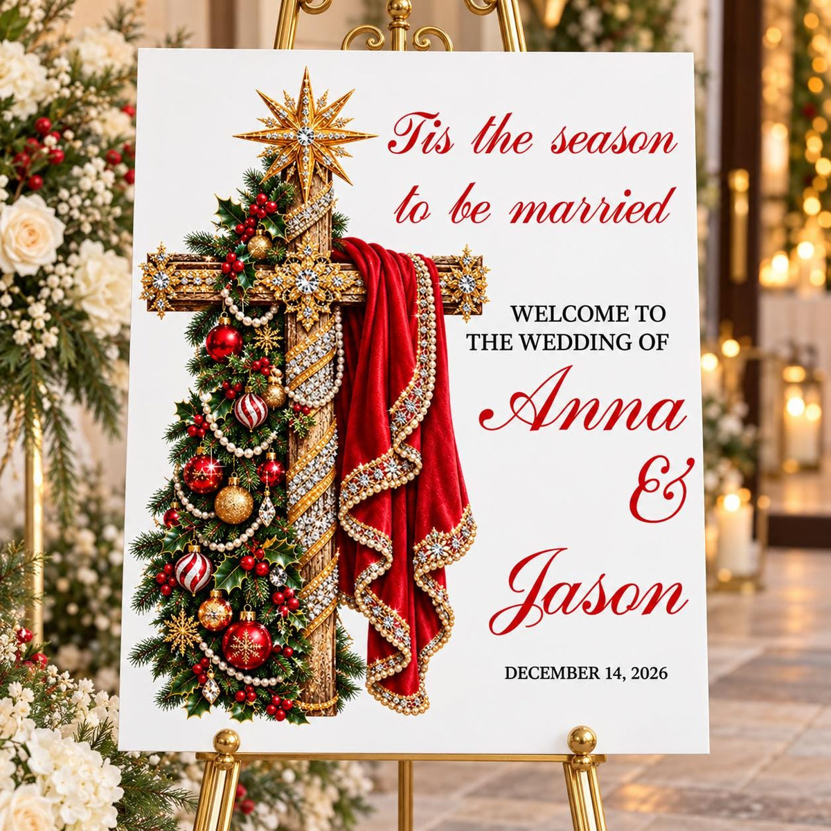 Tis the Season to Be Married Welcome Sign with Christmas Tree Cross, Christmas Wedding Acrylic Sign