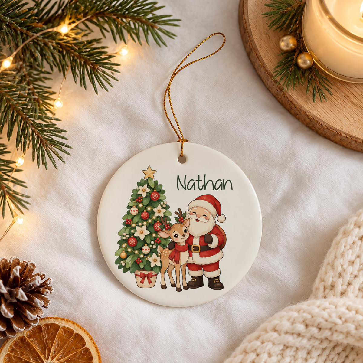 Custom Name Christmas Mug & Ornament Set, Reindeer and Tree Design