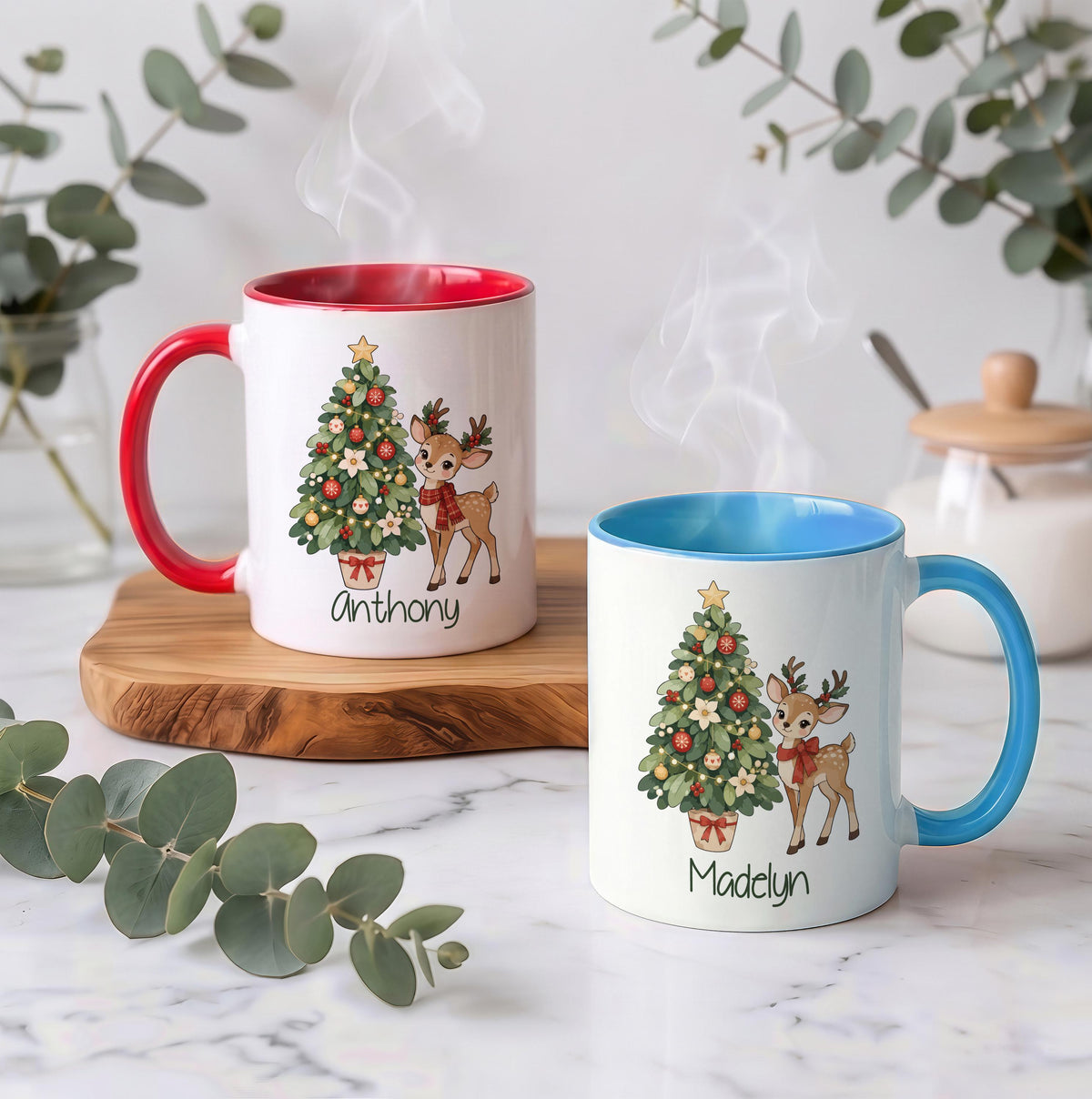 Custom Name Christmas Mug & Ornament Set, Reindeer and Tree Design