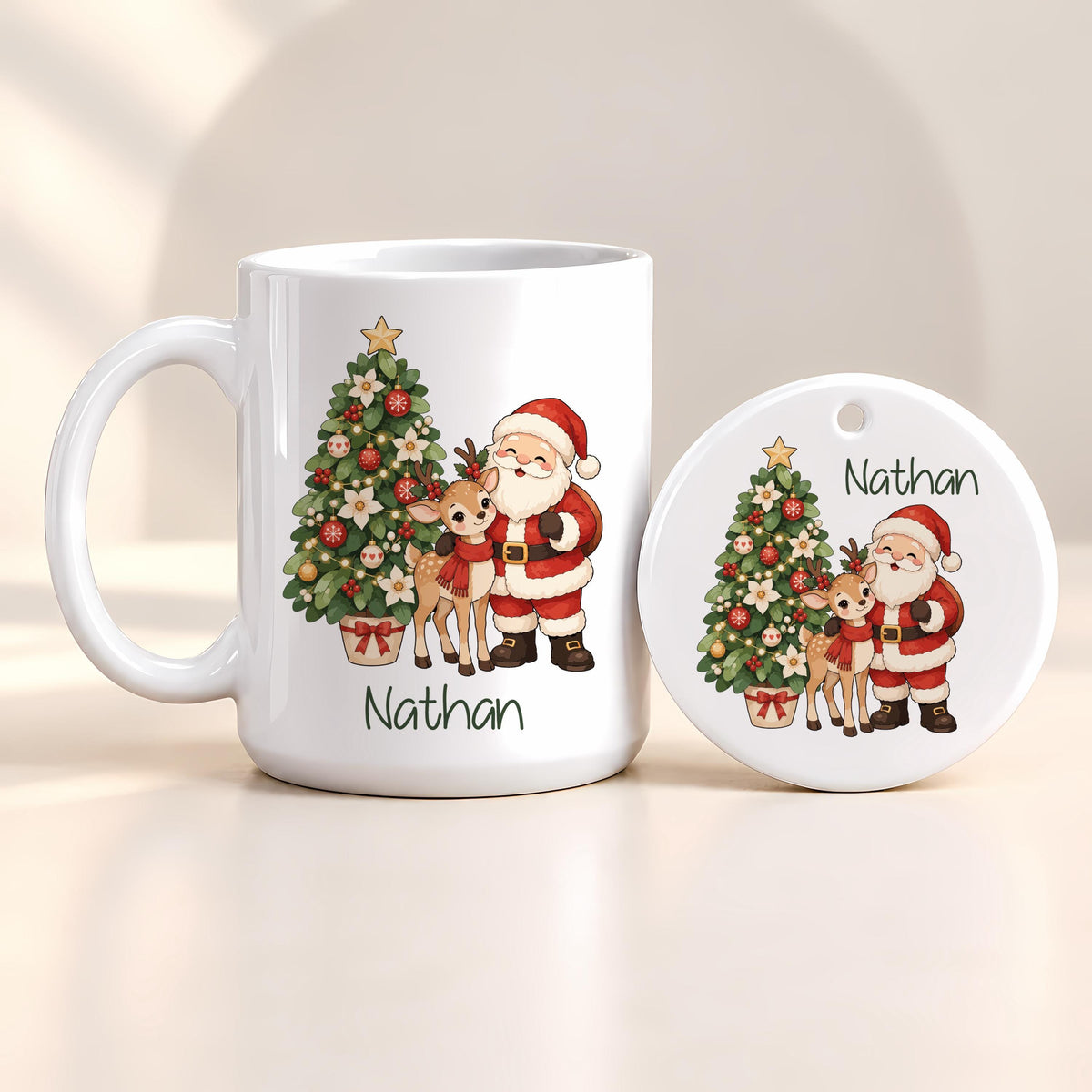Custom Name Christmas Mug & Ornament Set, Reindeer and Tree Design