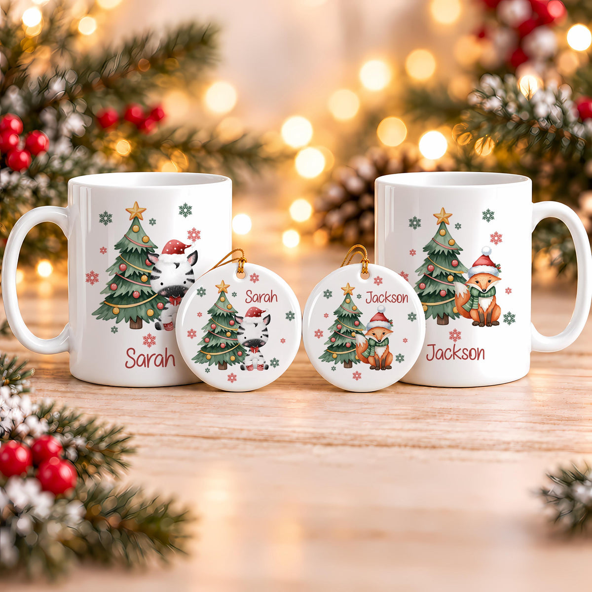 Personalized Christmas Mug & Ornament Set, Custom Name Santa or Cute Animal Design