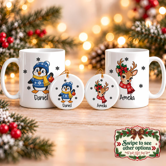 Personalized Winter Animal Ceramic Mug and Ornament Set, Custom Name Christmas Accent Cup