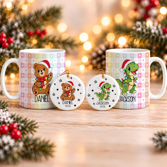 Custom Name Santa Hat Animals Mug & Ornament Set, Personalized Christmas Ceramic Mug