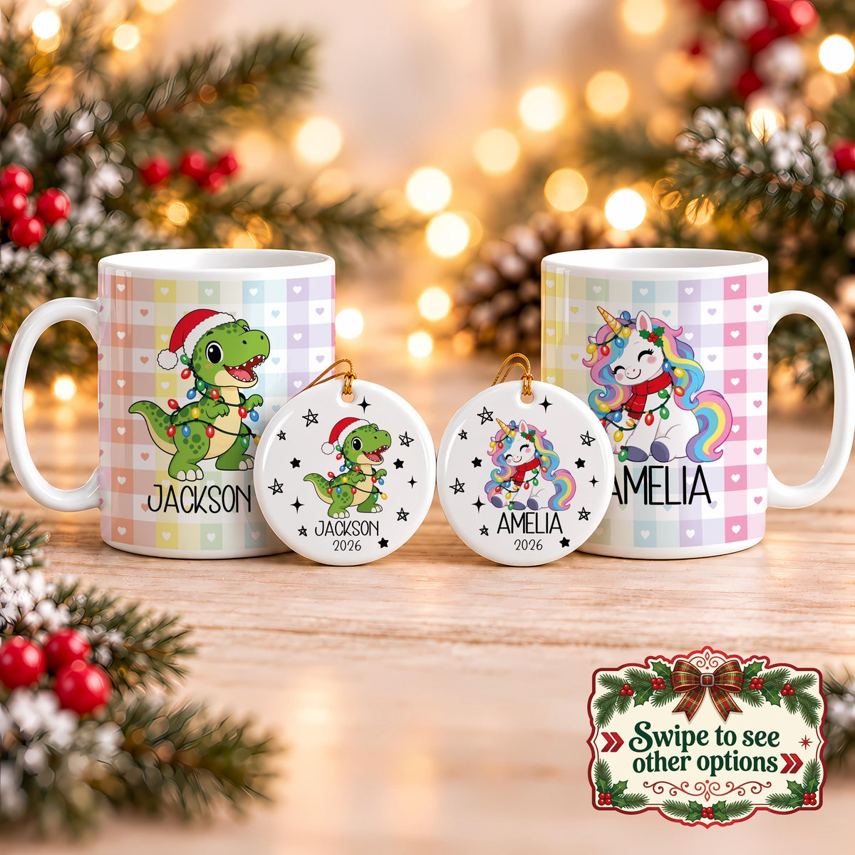 Custom Name Santa Hat Animals Mug & Ornament Set, Personalized Christmas Ceramic Mug