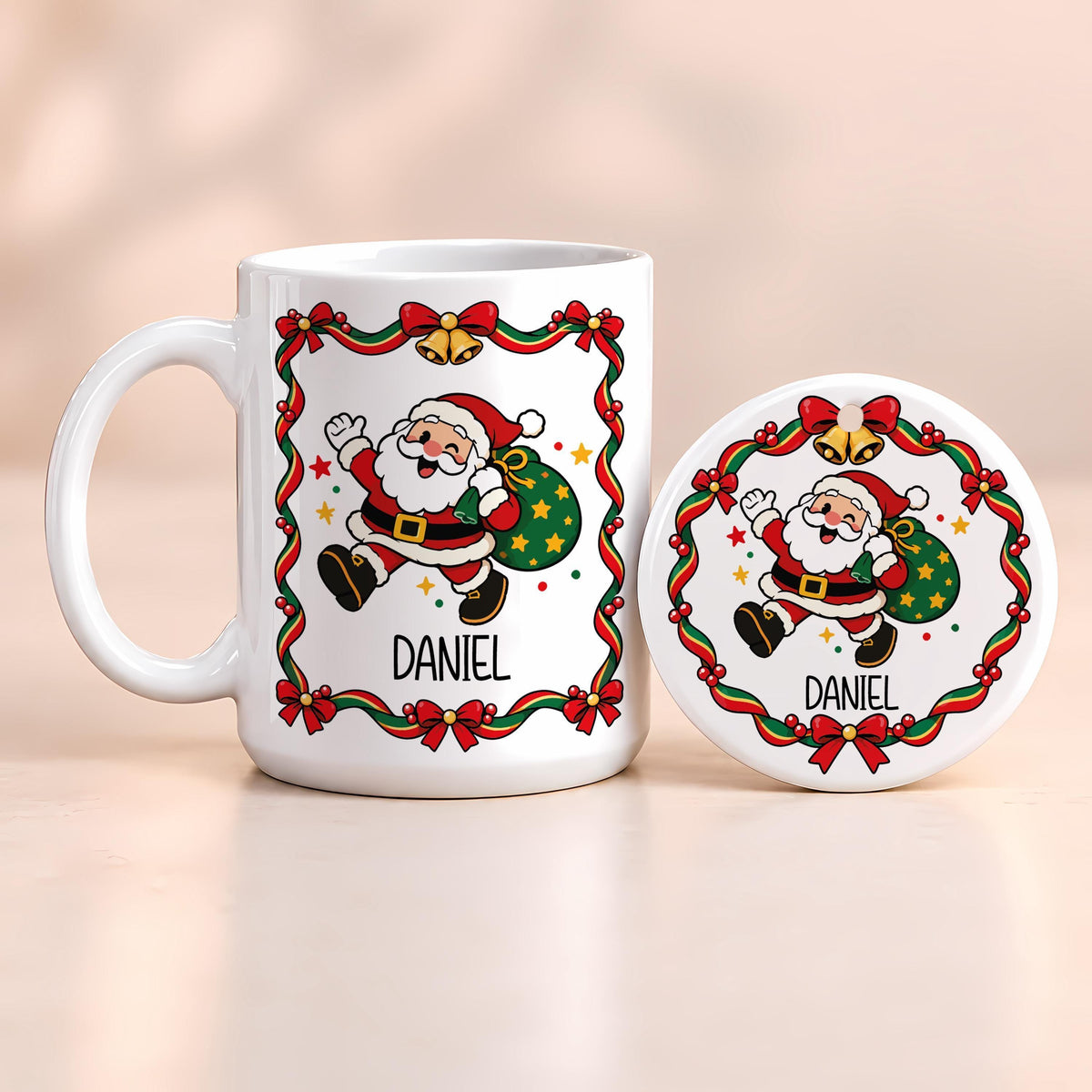 Personalized Retro Christmas Characters Mug & Ornament Set, Custom Name Ceramic Mug