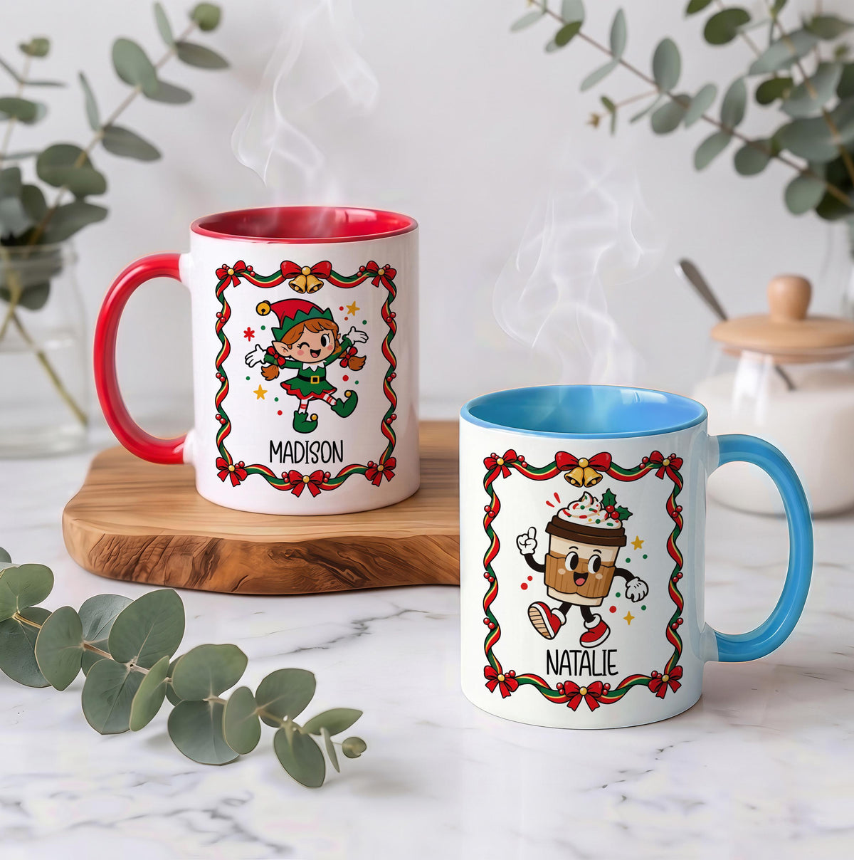 Personalized Retro Christmas Characters Mug & Ornament Set, Custom Name Ceramic Mug
