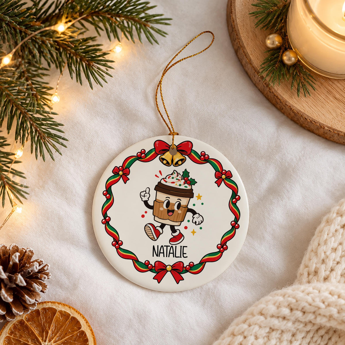 Personalized Retro Christmas Characters Mug & Ornament Set, Custom Name Ceramic Mug