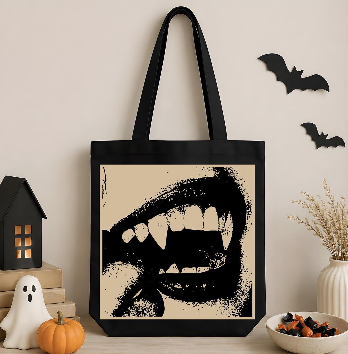 Gothic Vampire Fangs Canvas Tote Bag, Spooky Mouth Teeth Shoulder Handbag, Dark Cottagecore Halloween Shopper, Autumn Gift Her Bestie
