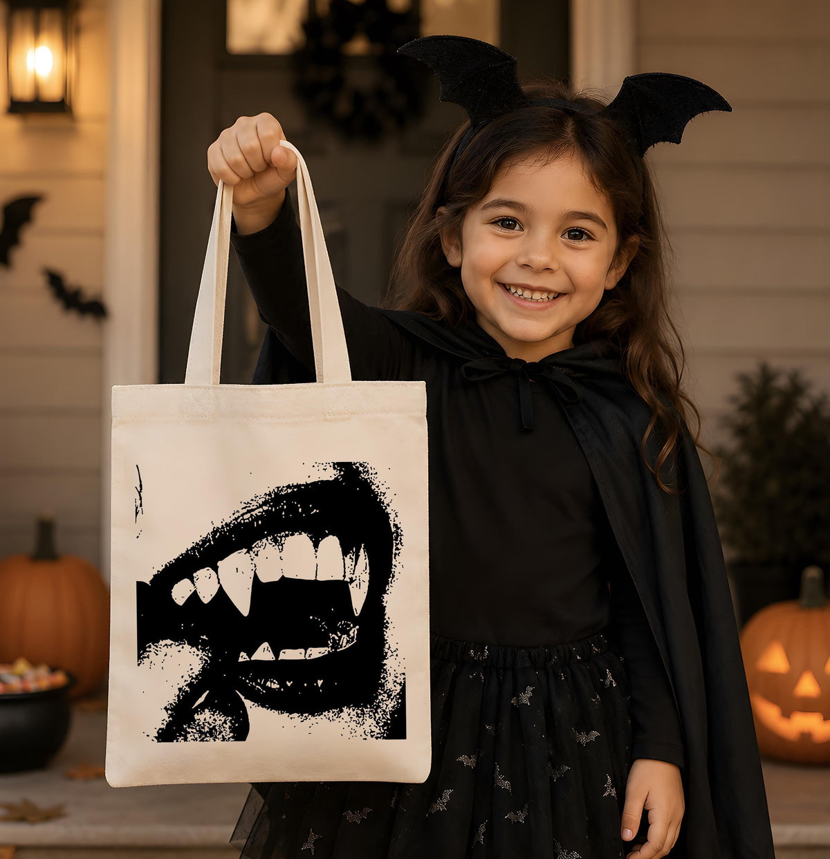 Gothic Vampire Fangs Canvas Tote Bag, Spooky Mouth Teeth Shoulder Handbag, Dark Cottagecore Halloween Shopper, Autumn Gift Her Bestie