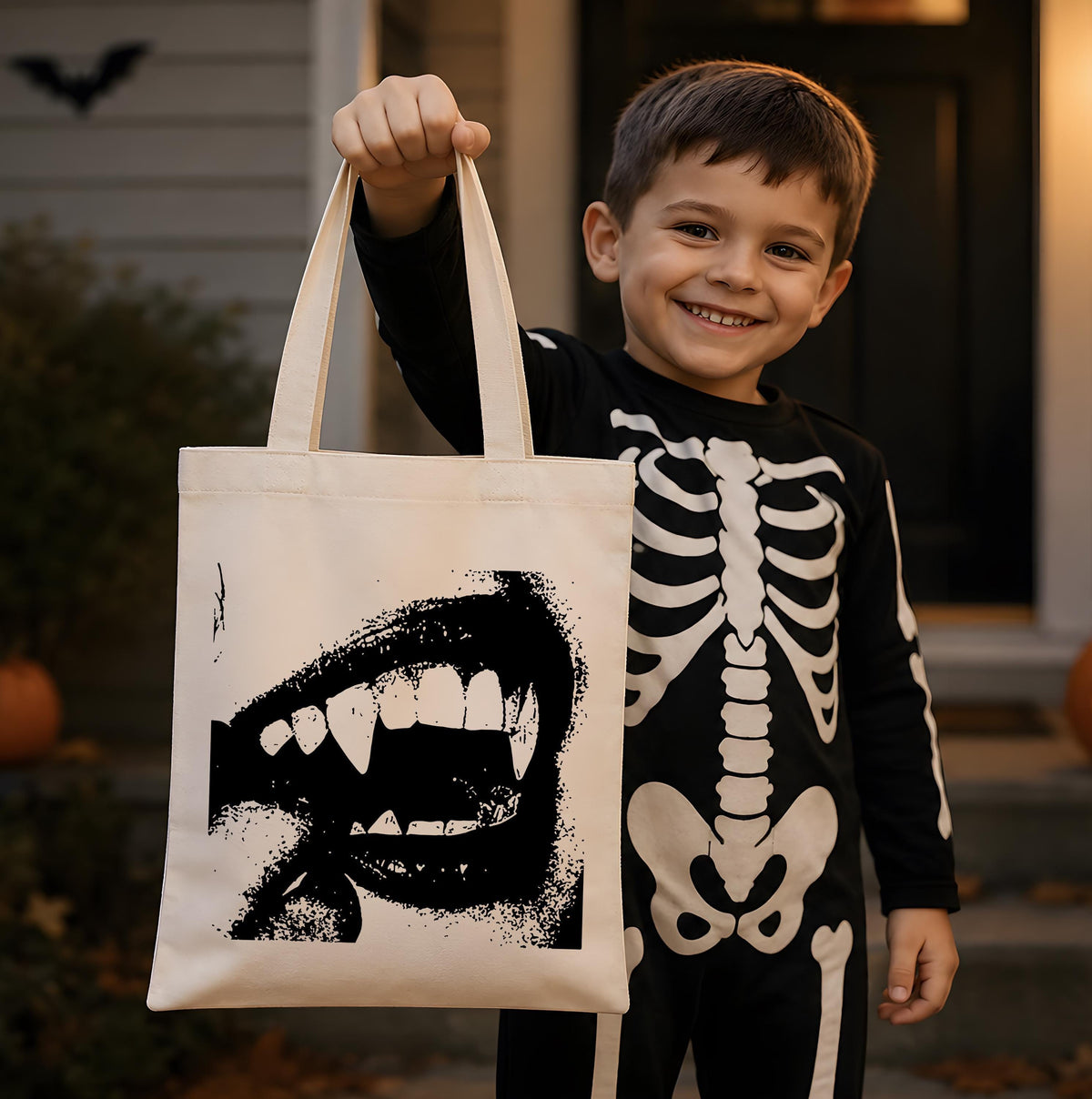 Gothic Vampire Fangs Canvas Tote Bag, Spooky Mouth Teeth Shoulder Handbag, Dark Cottagecore Halloween Shopper, Autumn Gift Her Bestie
