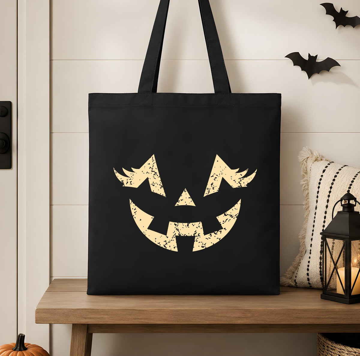 Halloween Jack O Lantern Tote Bag, Spooky Pumpkin Face Canvas Bag, Trick Or Treat Candy Shoulder Handbag, Cute Fall Gift Kids Girl Boy