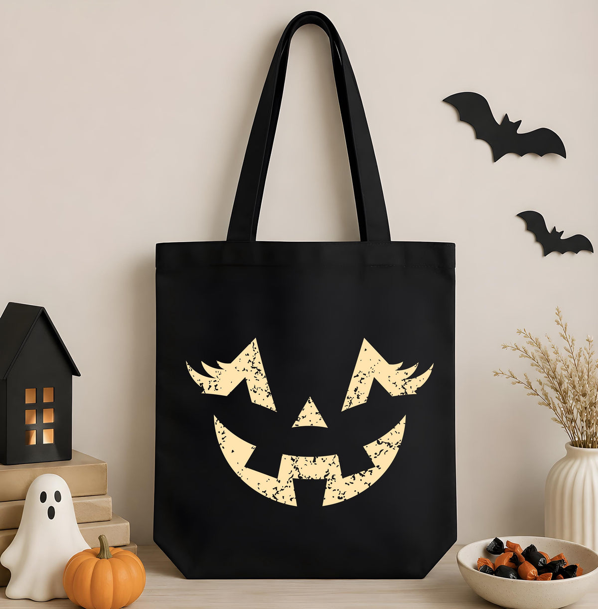 Halloween Jack O Lantern Tote Bag, Spooky Pumpkin Face Canvas Bag, Trick Or Treat Candy Shoulder Handbag, Cute Fall Gift Kids Girl Boy