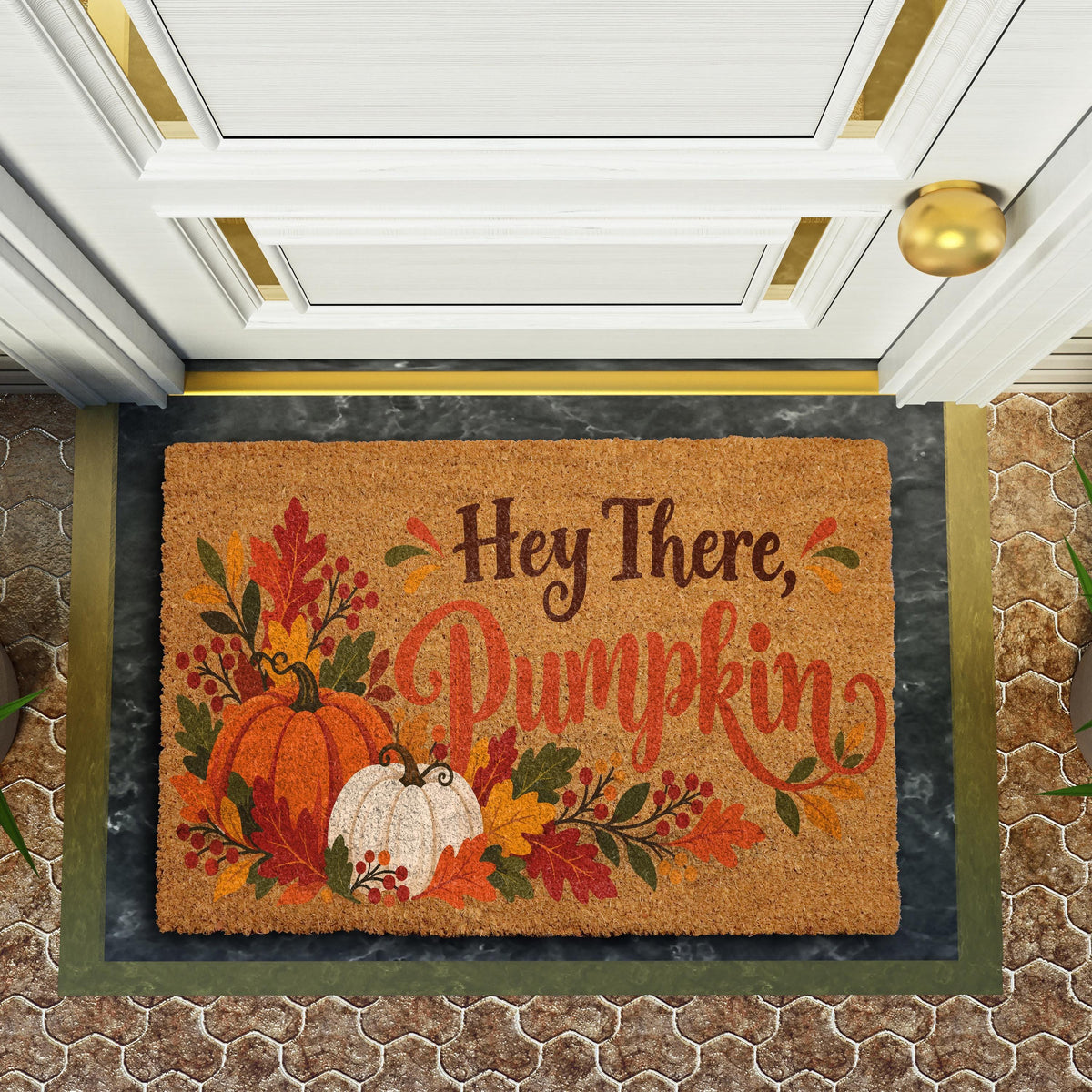 Hey There Pumpkin Coir Doormat, Fall Autumn Pumpkins Welcome Mat, Autumn Leaves Thanksgiving Entryway Decor, Housewarming Gift for Friend