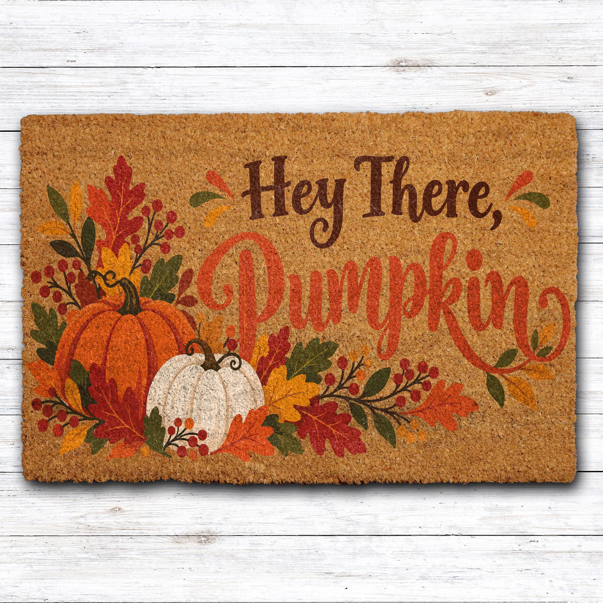 Hey There Pumpkin Coir Doormat, Fall Autumn Pumpkins Welcome Mat, Autumn Leaves Thanksgiving Entryway Decor, Housewarming Gift for Friend