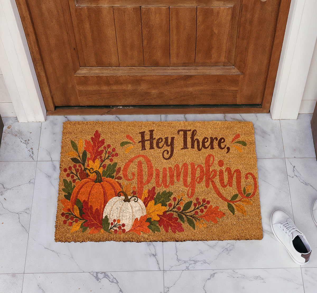 Hey There Pumpkin Coir Doormat, Fall Autumn Pumpkins Welcome Mat, Autumn Leaves Thanksgiving Entryway Decor, Housewarming Gift for Friend