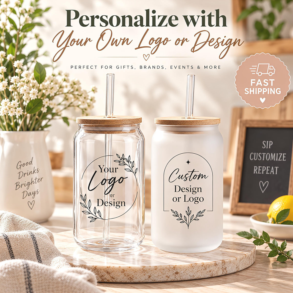Custom Logo Bamboo Lid Glass Can Cup, Personalized Company Branding Frosted Iced Coffee Tumbler, Corporate Event Gift, Coworker Present