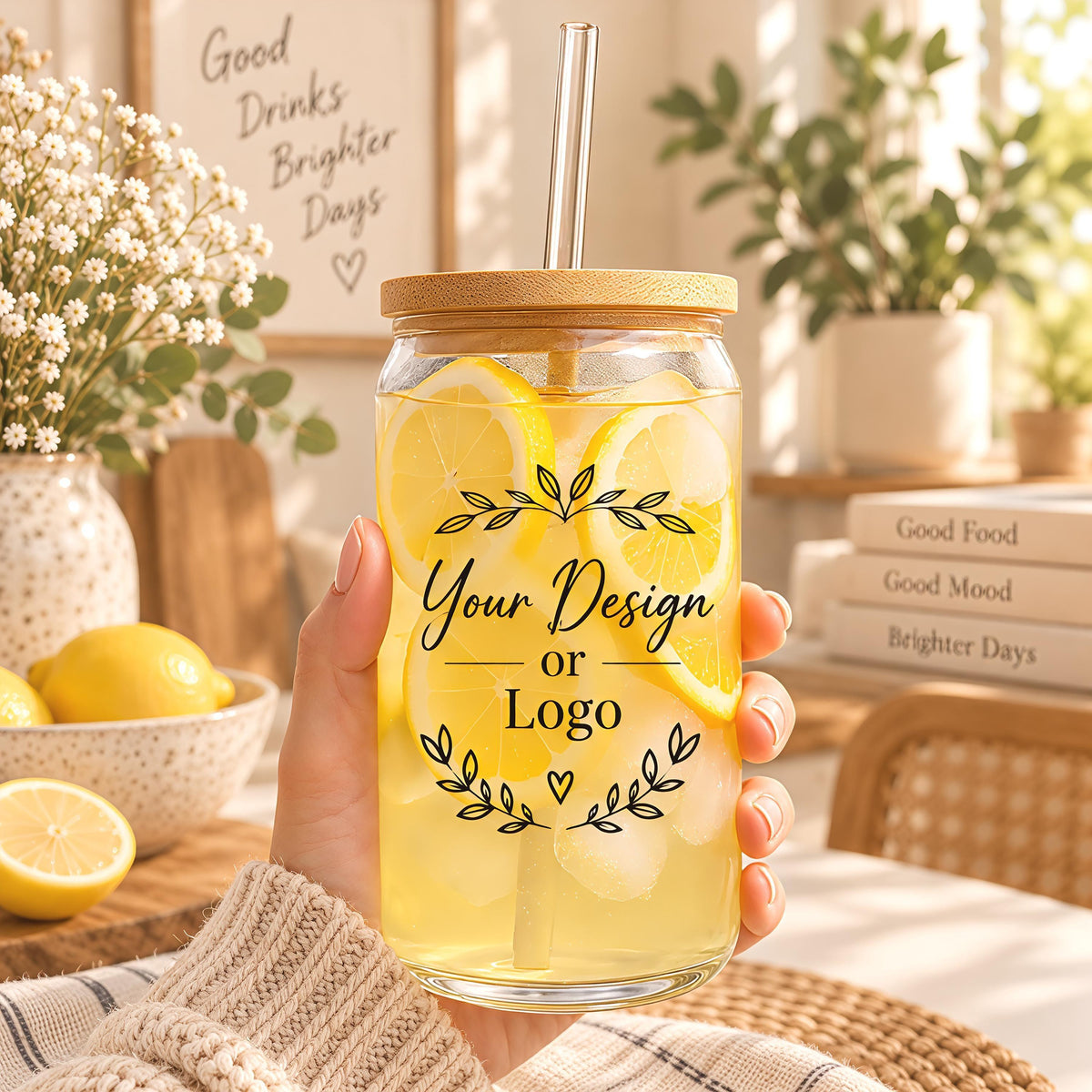 Custom Logo Bamboo Lid Glass Can Cup, Personalized Company Branding Frosted Iced Coffee Tumbler, Corporate Event Gift, Coworker Present