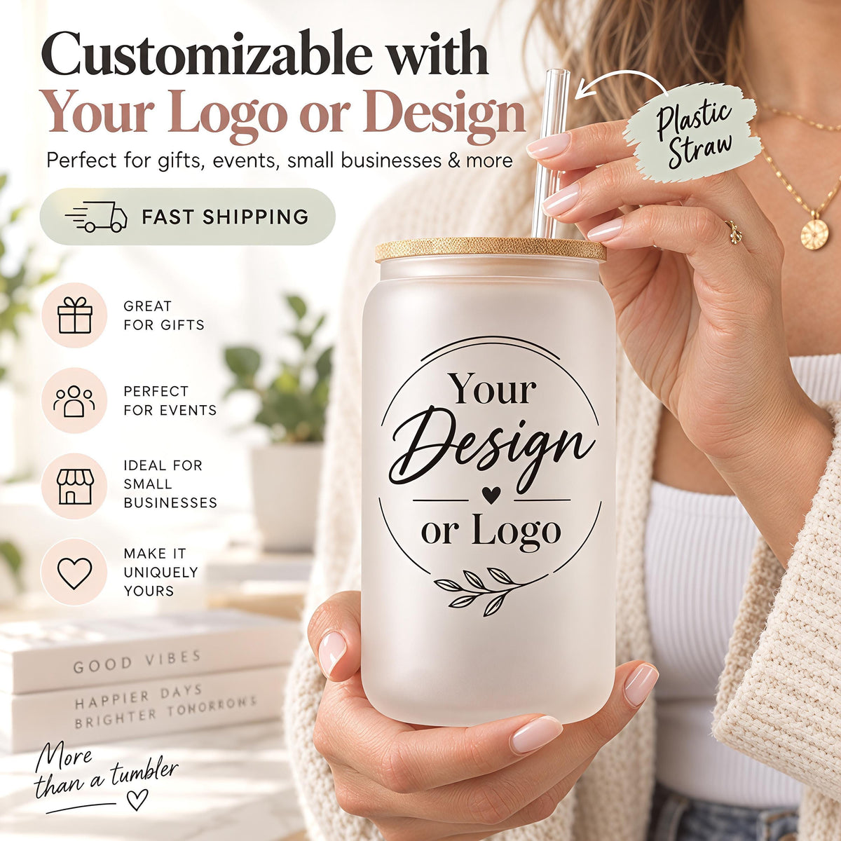 Custom Logo Bamboo Lid Glass Can Cup, Personalized Company Branding Frosted Iced Coffee Tumbler, Corporate Event Gift, Coworker Present