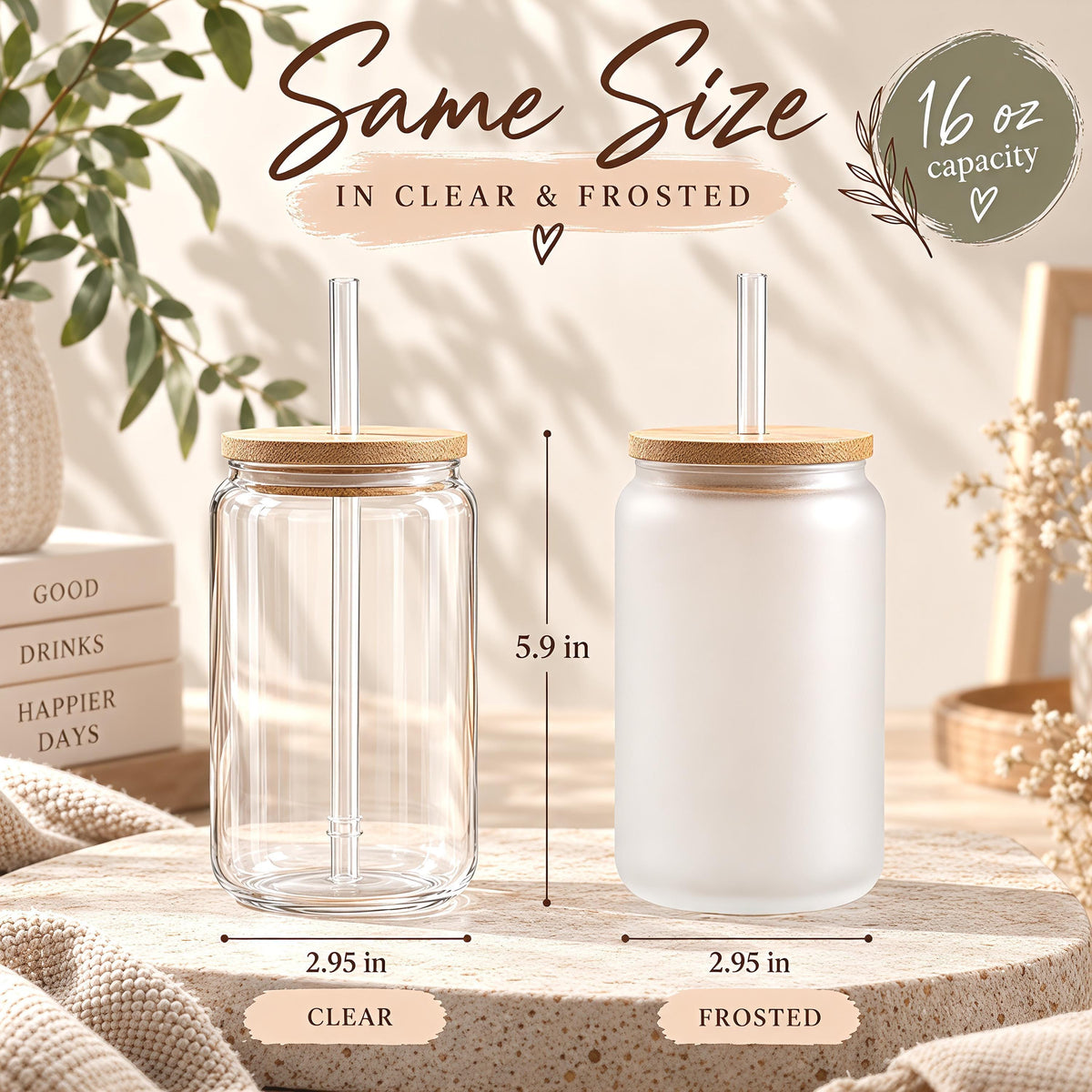 Custom Logo Bamboo Lid Glass Can Cup, Personalized Company Branding Frosted Iced Coffee Tumbler, Corporate Event Gift, Coworker Present