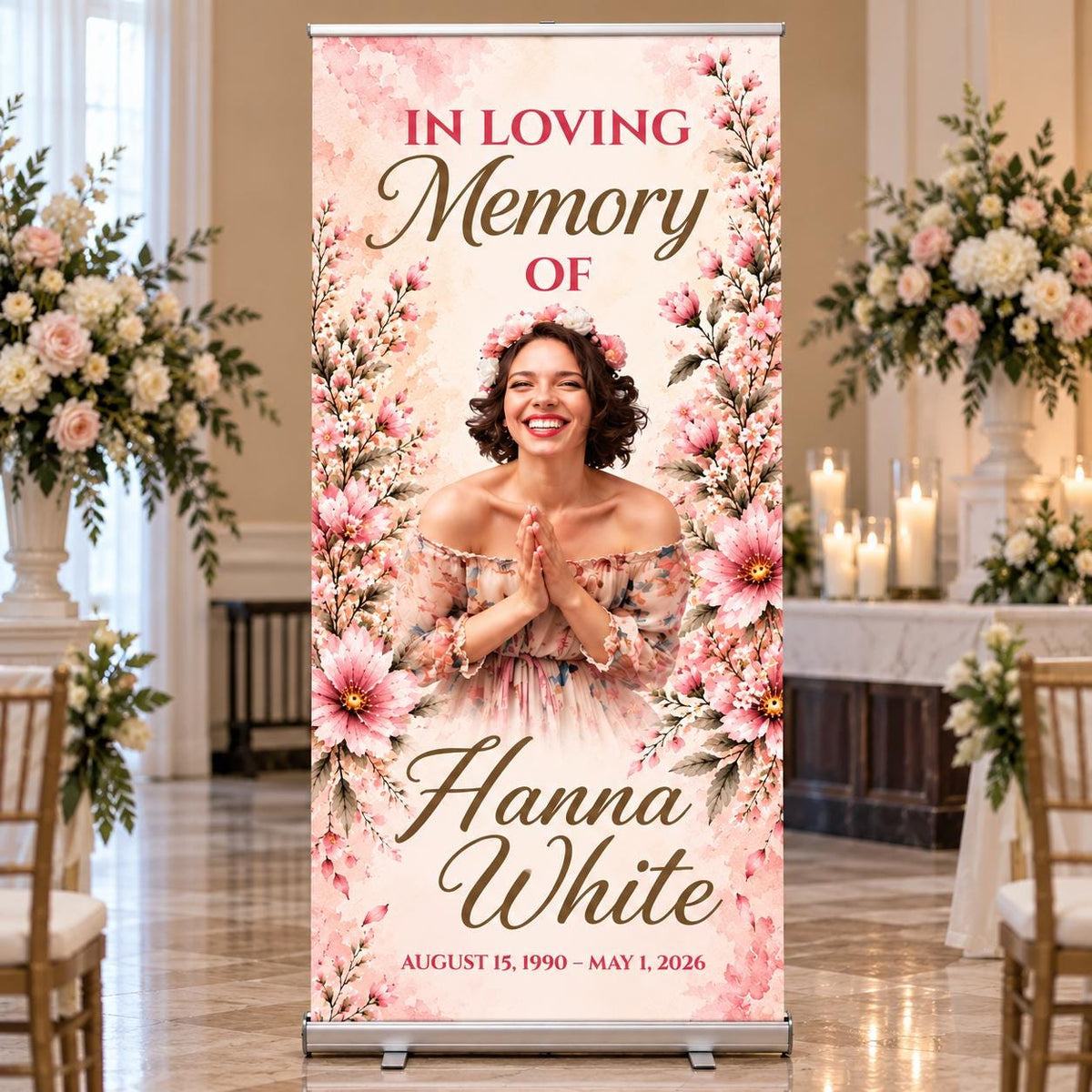 Personalized Memorial Roll-Up Banner, Sky and Floral Celebration of Life Photo Display