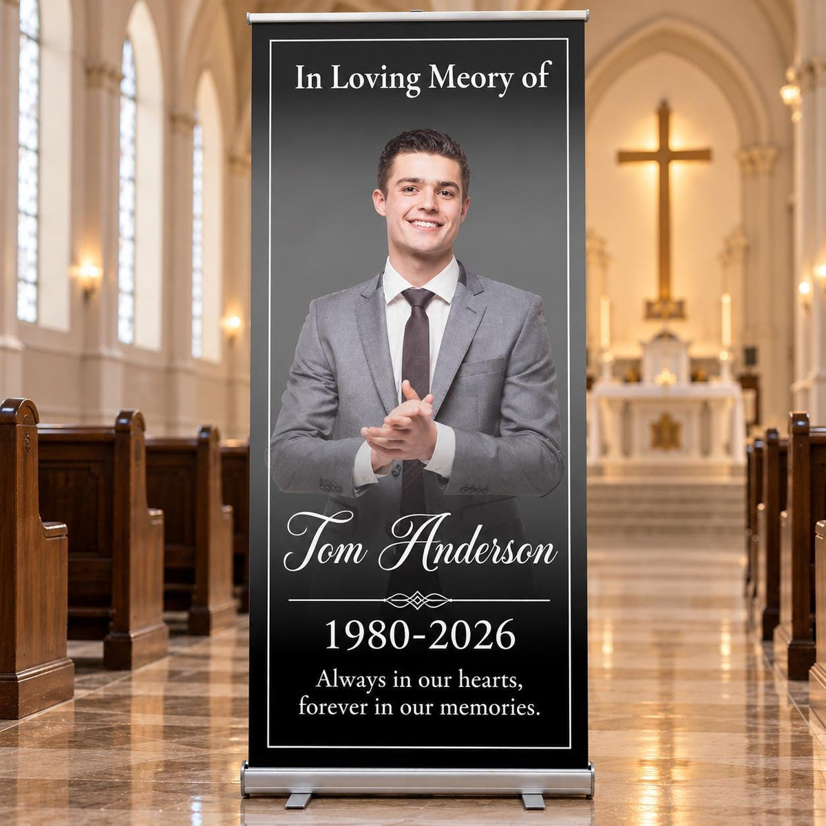 Personalized Memorial Roll-Up Banner, Sky and Floral Celebration of Life Photo Display