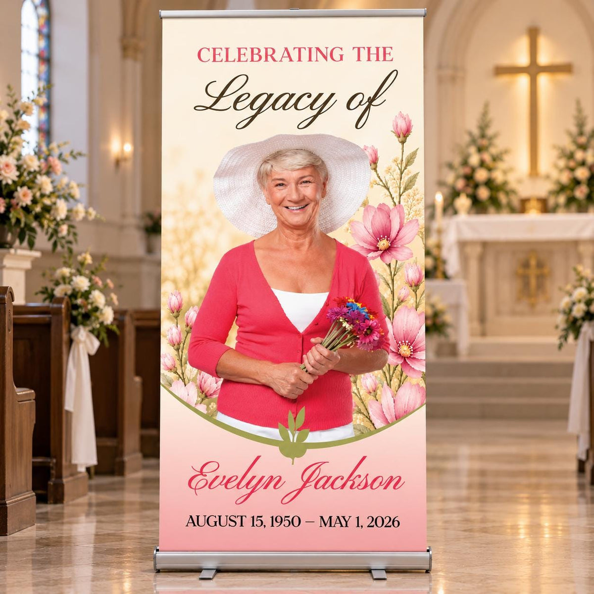 Personalized Memorial Roll-Up Banner, Sky and Floral Celebration of Life Photo Display