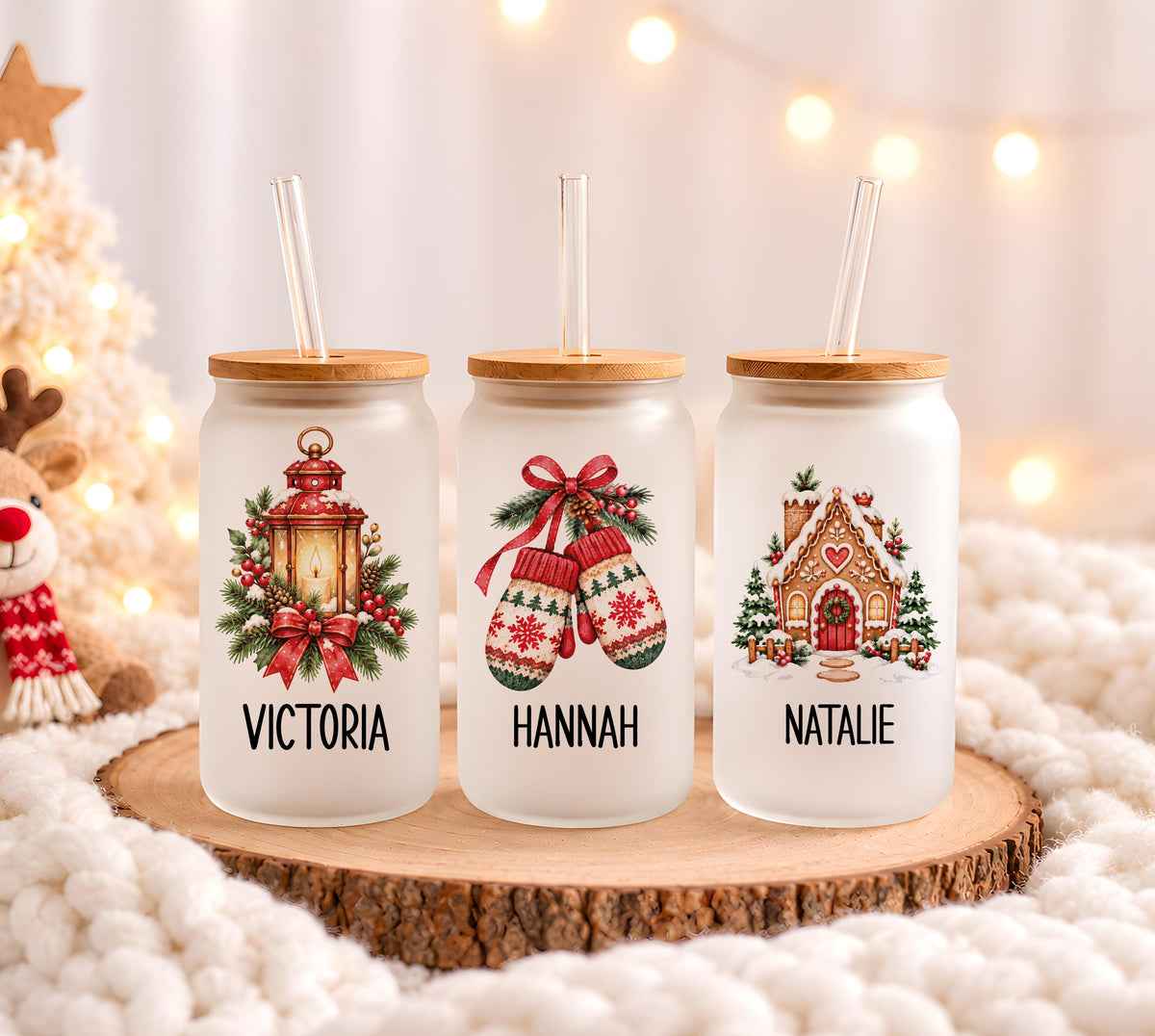 Custom Name Cozy Holiday Iced Coffee Cup, Personalized Christmas Can Glass Tumbler, Gingerbread Theme Matching Xmas Drinkware Gift