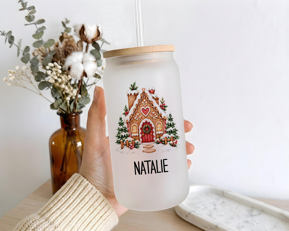 Custom Name Cozy Holiday Iced Coffee Cup, Personalized Christmas Can Glass Tumbler, Gingerbread Theme Matching Xmas Drinkware Gift