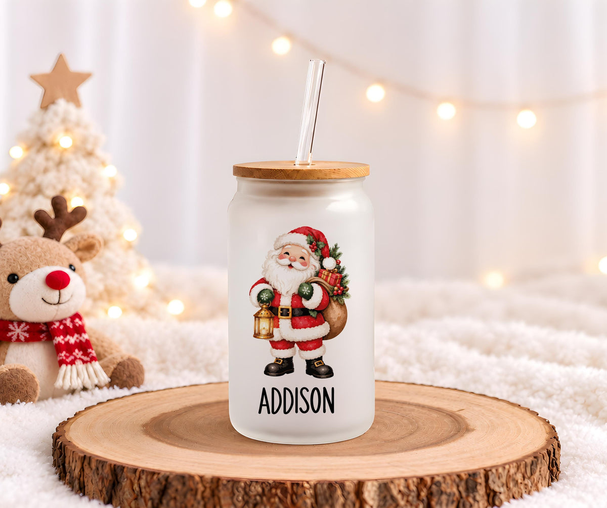Custom Name Cozy Holiday Iced Coffee Cup, Personalized Christmas Can Glass Tumbler, Gingerbread Theme Matching Xmas Drinkware Gift