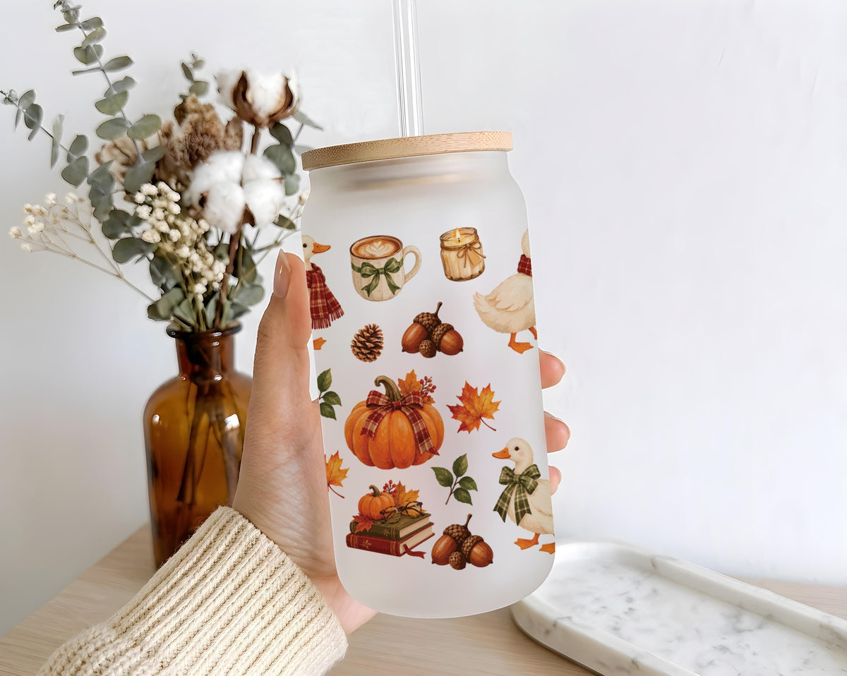 Cozy Fall Glass Can Cup, Cute Autumn Pumpkin Book Duck Glass Tumbler, Bamboo Lid Straw Iced Coffee Cup, Thanksgiving Gift Her