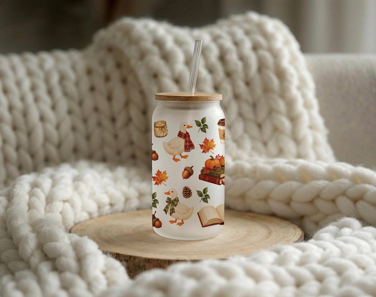 Cozy Fall Glass Can Cup, Cute Autumn Pumpkin Book Duck Glass Tumbler, Bamboo Lid Straw Iced Coffee Cup, Thanksgiving Gift Her