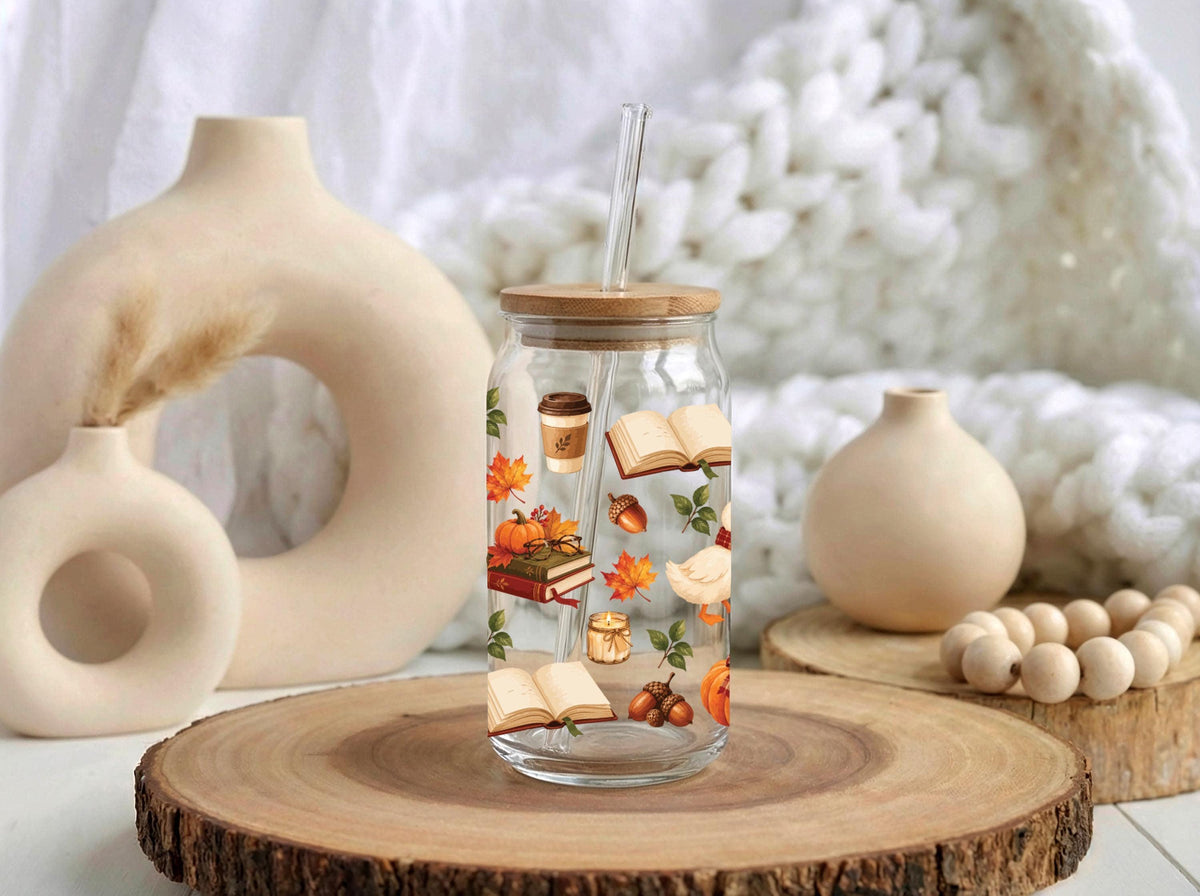 Cozy Fall Glass Can Cup, Cute Autumn Pumpkin Book Duck Glass Tumbler, Bamboo Lid Straw Iced Coffee Cup, Thanksgiving Gift Her
